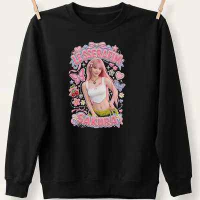 Colorful illustration of Sakura from LE SSERAFIM with butterflies in vibrant hues — printed on a unisex sweatshirt