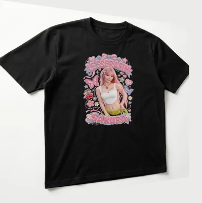 Colorful illustration of Sakura from LE SSERAFIM with butterflies in vibrant hues — printed on a unisex t-shirt (angled view)