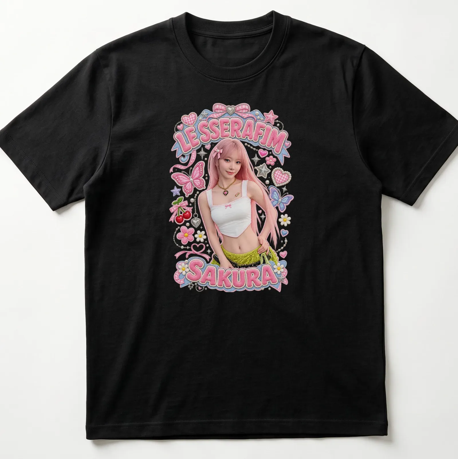 Colorful illustration of Sakura from LE SSERAFIM with butterflies in vibrant hues — printed on a unisex t-shirt