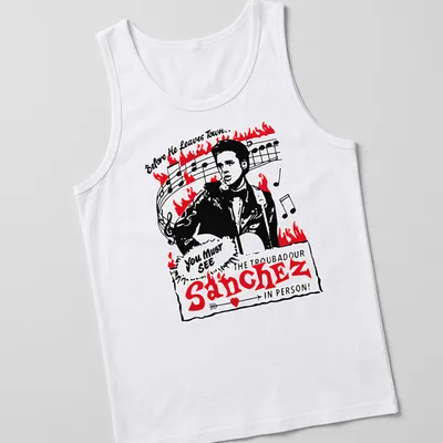 Vintage-style tee featuring Sanchez The Troubadour with concert-themed text. — printed on a tank top
