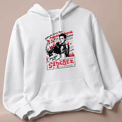 Vintage-style tee featuring Sanchez The Troubadour with concert-themed text. — printed on a unisex hoodie