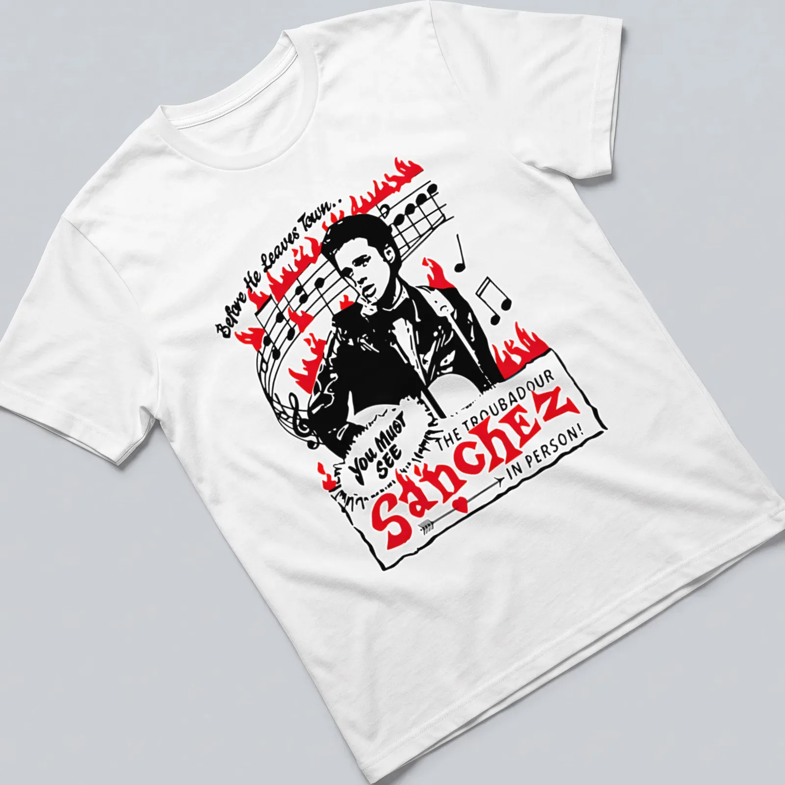 Vintage-style tee featuring Sanchez The Troubadour with concert-themed text. — printed on a unisex t-shirt