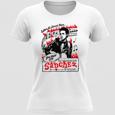 Vintage-style tee featuring Sanchez The Troubadour with concert-themed text. — printed on a women's shirt