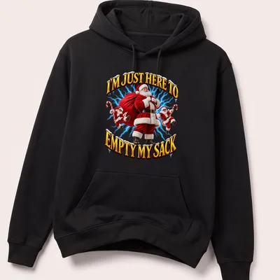 3D illustration of Santa Claus with text I'm Just Here To Empty My Sack — printed on a unisex hoodie