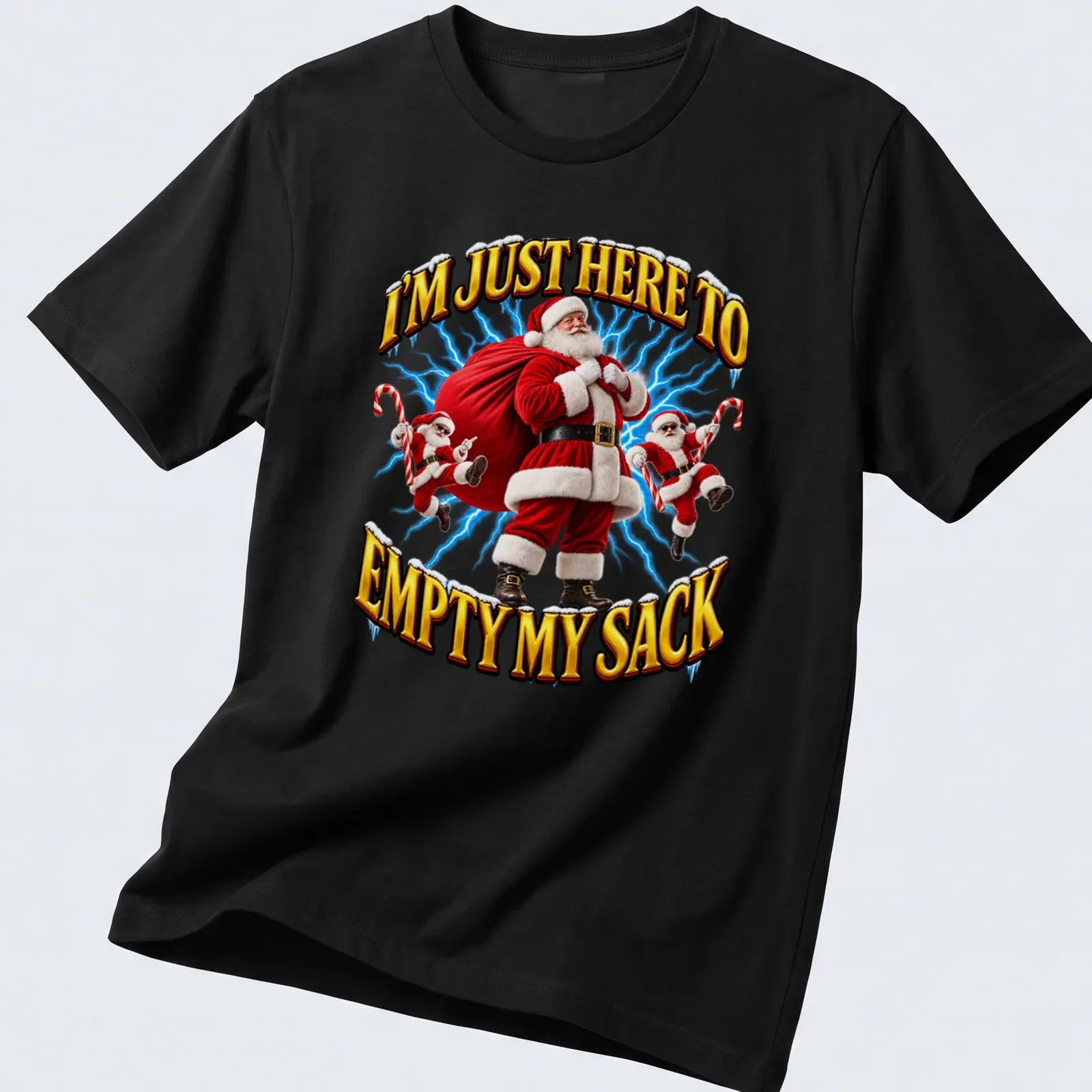 3D illustration of Santa Claus with text I'm Just Here To Empty My Sack — printed on a unisex t-shirt