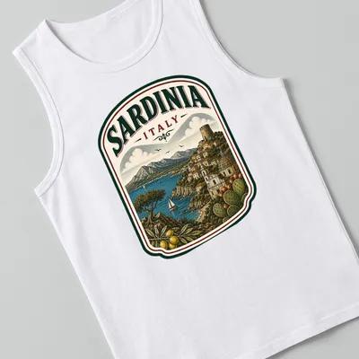 Vintage illustration of Sardinia landscape with olive trees and mountains — printed on a tank top