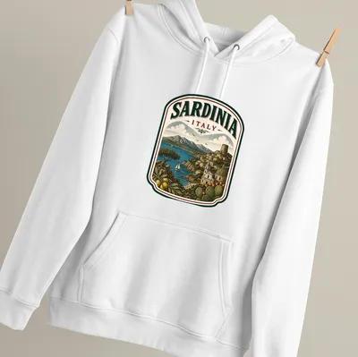 Vintage illustration of Sardinia landscape with olive trees and mountains — printed on a unisex hoodie