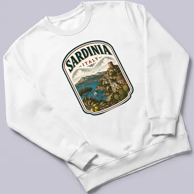 Vintage illustration of Sardinia landscape with olive trees and mountains — printed on a unisex sweatshirt