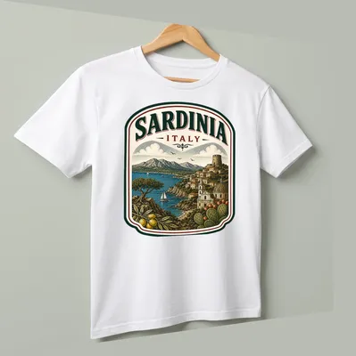 Vintage illustration of Sardinia landscape with olive trees and mountains — printed on a unisex t-shirt (angled view)