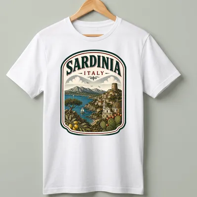 Vintage illustration of Sardinia landscape with olive trees and mountains