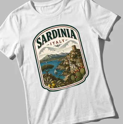 Vintage illustration of Sardinia landscape with olive trees and mountains — printed on a women's shirt