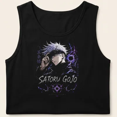 Anime design featuring Satoru Gojo with six eyes in purple and black — printed on a tank top