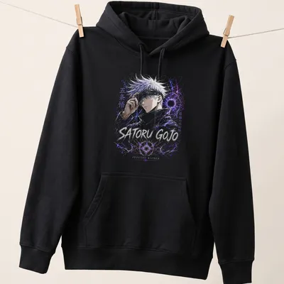Anime design featuring Satoru Gojo with six eyes in purple and black — printed on a unisex hoodie