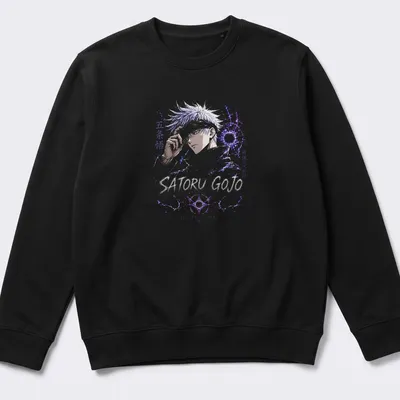 Anime design featuring Satoru Gojo with six eyes in purple and black — printed on a unisex sweatshirt