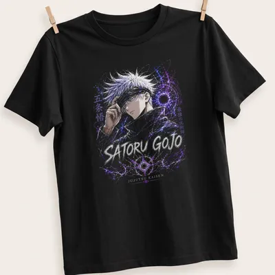 Anime design featuring Satoru Gojo with six eyes in purple and black