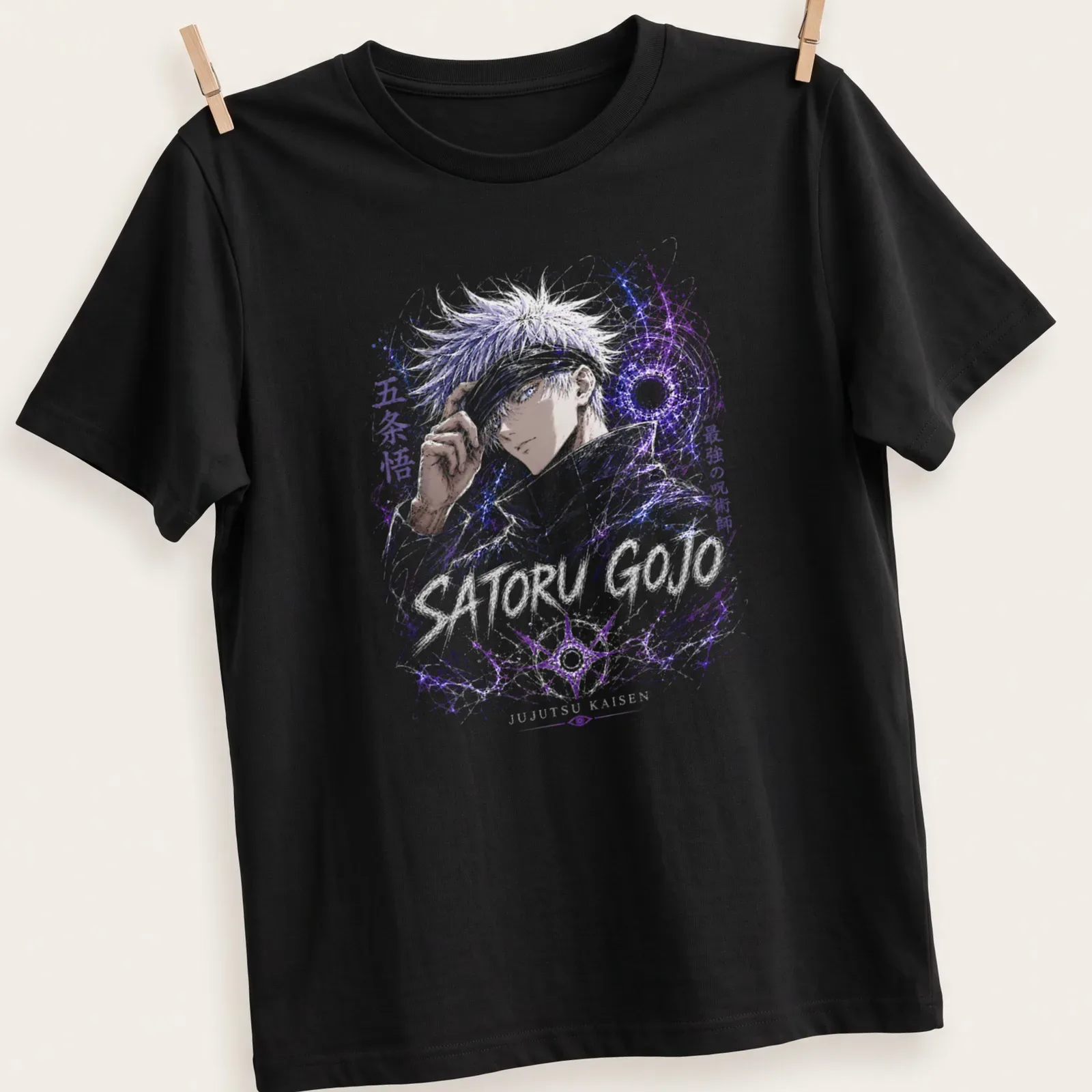 Anime design featuring Satoru Gojo with six eyes in purple and black — printed on a unisex t-shirt