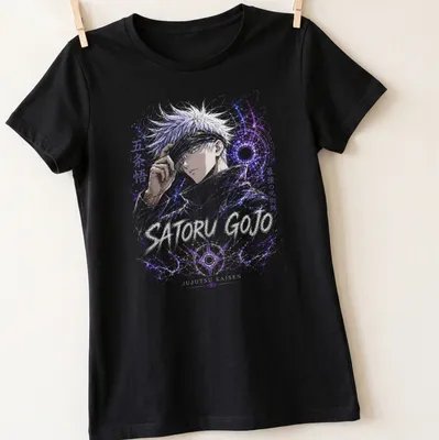 Anime design featuring Satoru Gojo with six eyes in purple and black — printed on a women's shirt