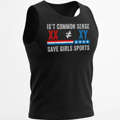 Bold distressed shirt with a statement on saving girls sports in red, blue, and white — printed on a tank top