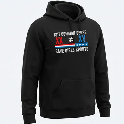 Bold distressed shirt with a statement on saving girls sports in red, blue, and white — printed on a unisex hoodie