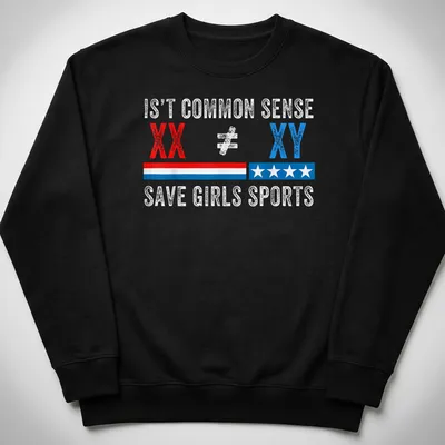 Bold distressed shirt with a statement on saving girls sports in red, blue, and white — printed on a unisex sweatshirt