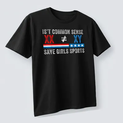 Bold distressed shirt with a statement on saving girls sports in red, blue, and white — printed on a unisex t-shirt (angled view)