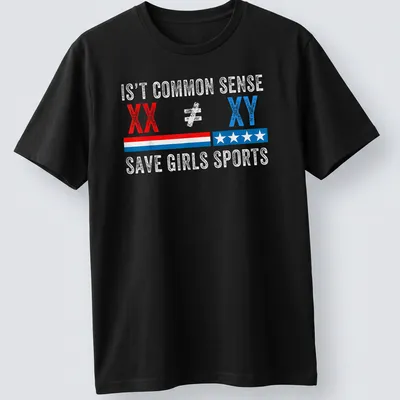 Bold distressed shirt with a statement on saving girls sports in red, blue, and white