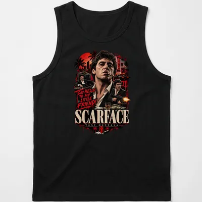 Vintage t-shirt featuring Scarface Tony Montana with iconic quote in bold lettering — printed on a tank top