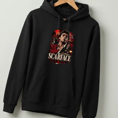 Vintage t-shirt featuring Scarface Tony Montana with iconic quote in bold lettering — printed on a unisex hoodie