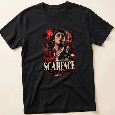 Vintage t-shirt featuring Scarface Tony Montana with iconic quote in bold lettering
