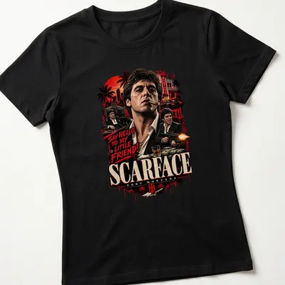 Vintage t-shirt featuring Scarface Tony Montana with iconic quote in bold lettering — printed on a women's shirt