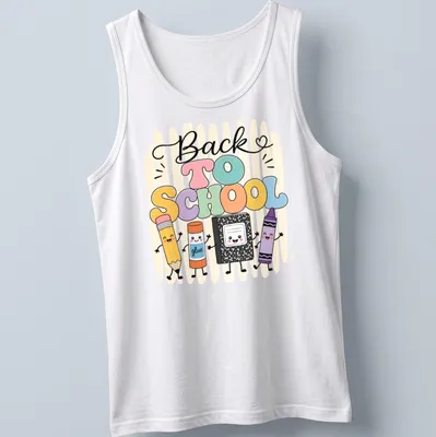 Kawaii-style t-shirt featuring cartoon school supplies and 'Back To School' text — printed on a tank top