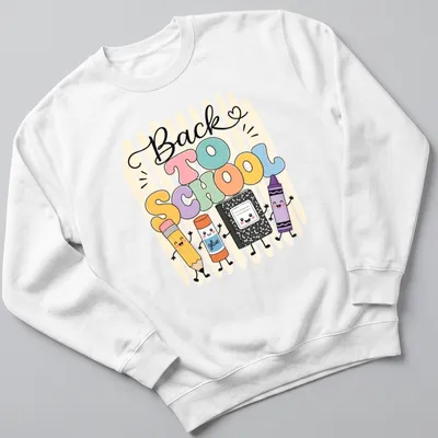 Kawaii-style t-shirt featuring cartoon school supplies and 'Back To School' text — printed on a unisex sweatshirt