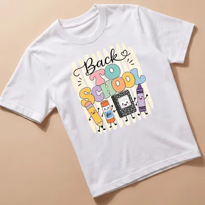 Kawaii-style t-shirt featuring cartoon school supplies and 'Back To School' text