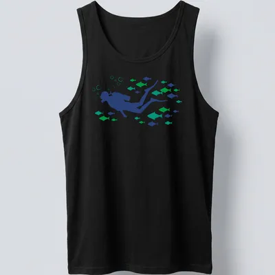 Woodcut style graphic of a scuba diver swimming with fish in blue and green tones — printed on a tank top
