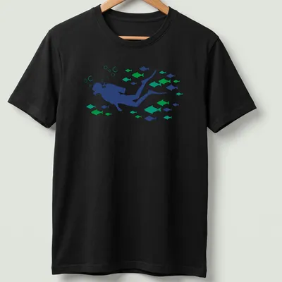 Woodcut style graphic of a scuba diver swimming with fish in blue and green tones