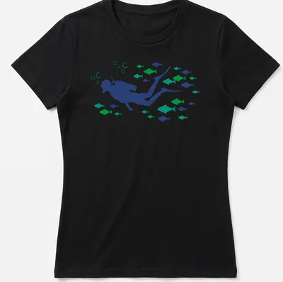 Woodcut style graphic of a scuba diver swimming with fish in blue and green tones — printed on a women's shirt