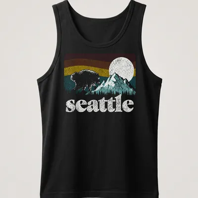 Retro bear graphic with Seattle text in pink, blue, yellow, and green — printed on a tank top