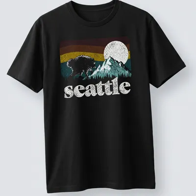 Retro bear graphic with Seattle text in pink, blue, yellow, and green
