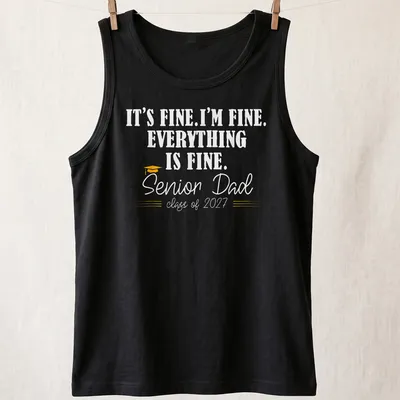 Retro humorous t-shirt for Senior Dad with graduation sentiments in yellow and white — printed on a tank top
