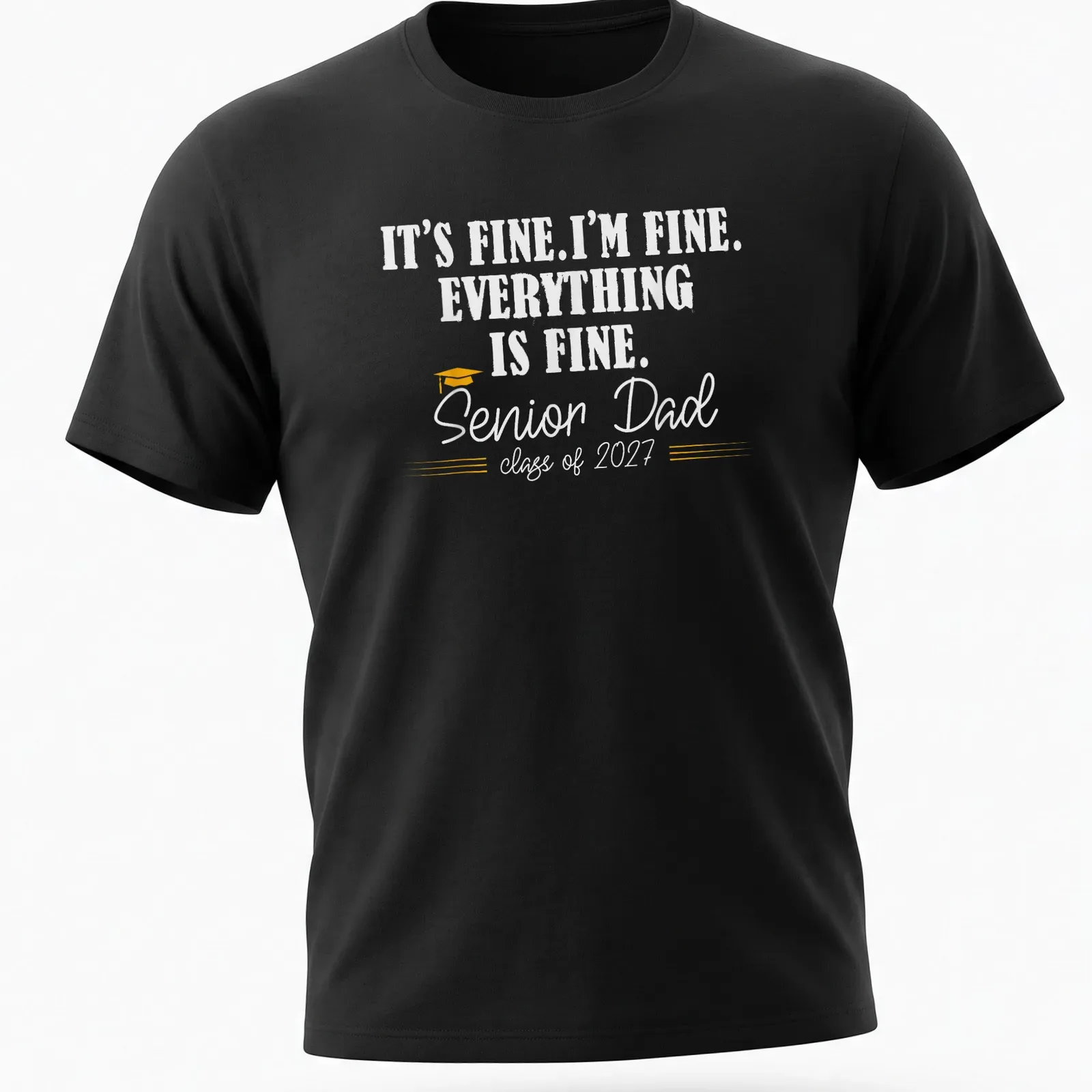 Retro humorous t-shirt for Senior Dad with graduation sentiments in yellow and white — printed on a unisex t-shirt