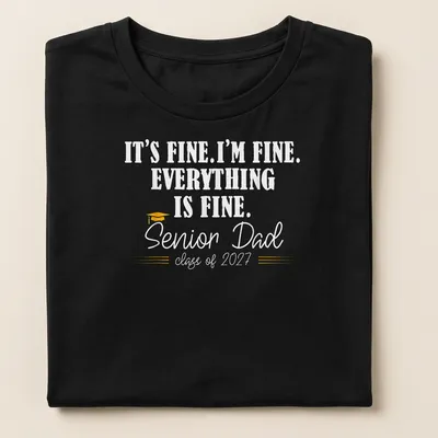 Retro humorous t-shirt for Senior Dad with graduation sentiments in yellow and white — printed on a women's shirt