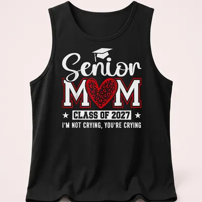 Bold Senior Mom T-shirt with leopard heart design and graduation text — printed on a tank top