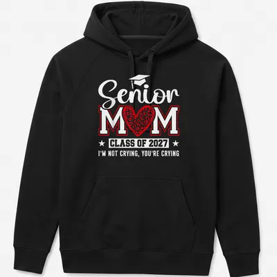 Bold Senior Mom T-shirt with leopard heart design and graduation text — printed on a unisex hoodie