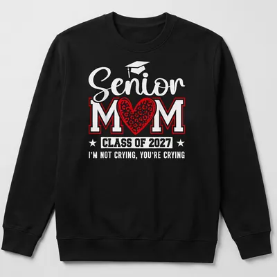 Bold Senior Mom T-shirt with leopard heart design and graduation text — printed on a unisex sweatshirt