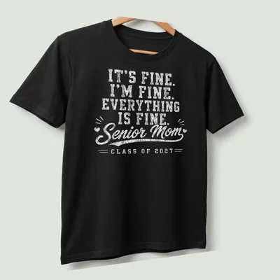 Distressed t-shirt with humorous text for Senior Moms celebrating graduation — printed on a unisex t-shirt (angled view)