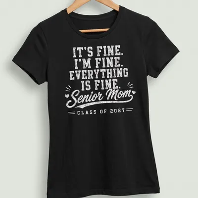 Distressed t-shirt with humorous text for Senior Moms celebrating graduation — printed on a women's shirt