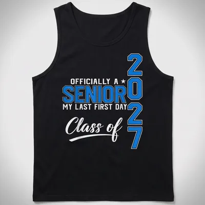 Bold collegiate design featuring senior year text in blue and white — printed on a tank top