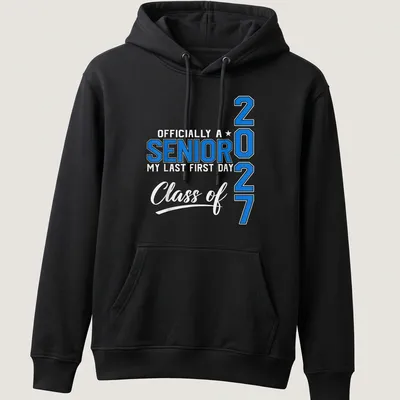 Bold collegiate design featuring senior year text in blue and white — printed on a unisex hoodie