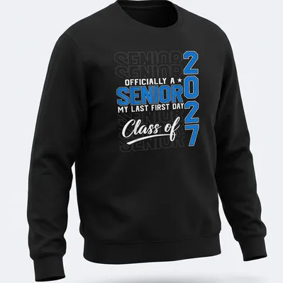 Bold collegiate design featuring senior year text in blue and white — printed on a unisex sweatshirt