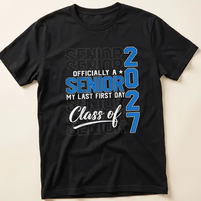 Bold collegiate design featuring senior year text in blue and white